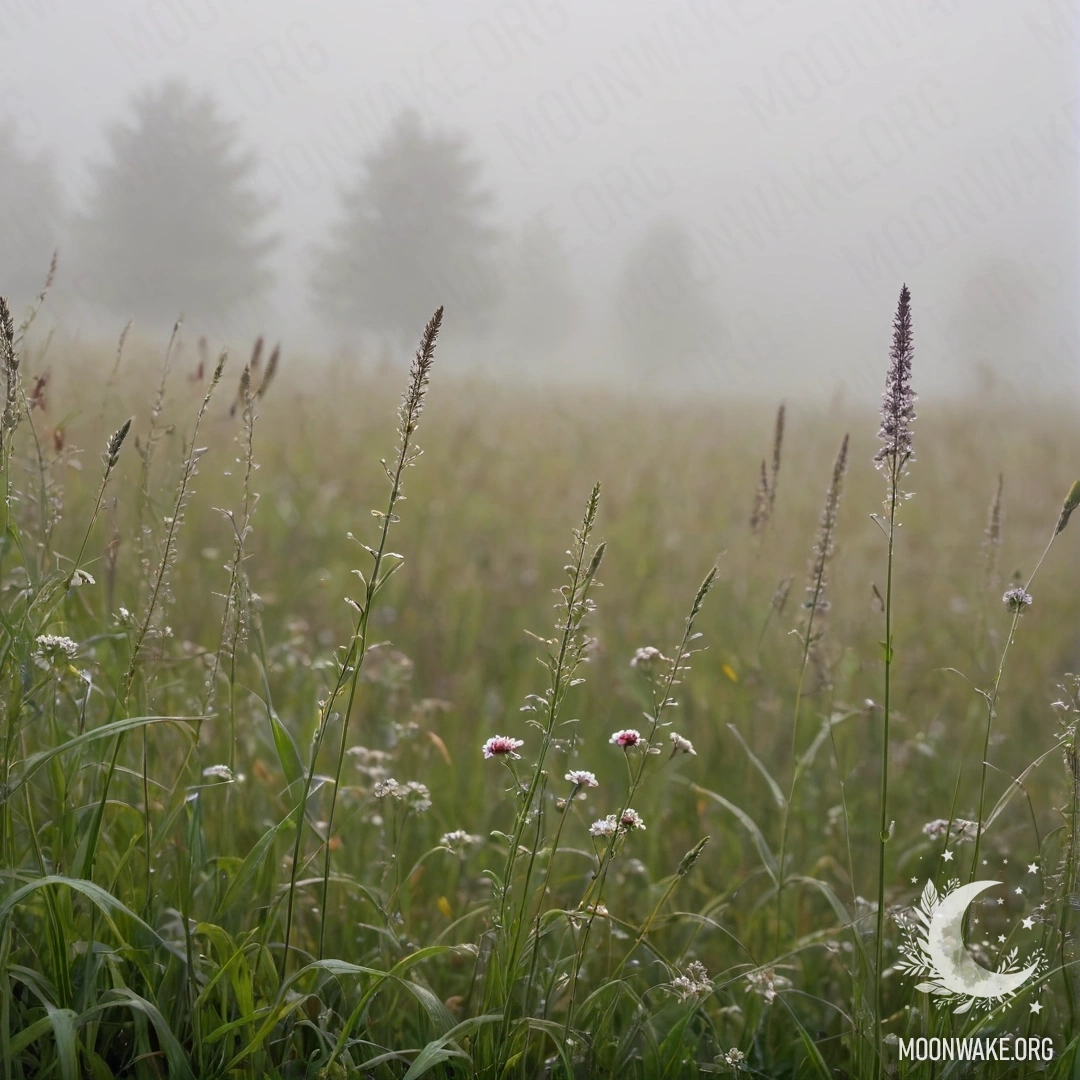 Misty Field with Bokeh Flowers Close-up of grass in a misty field with flowers blurred in the background
