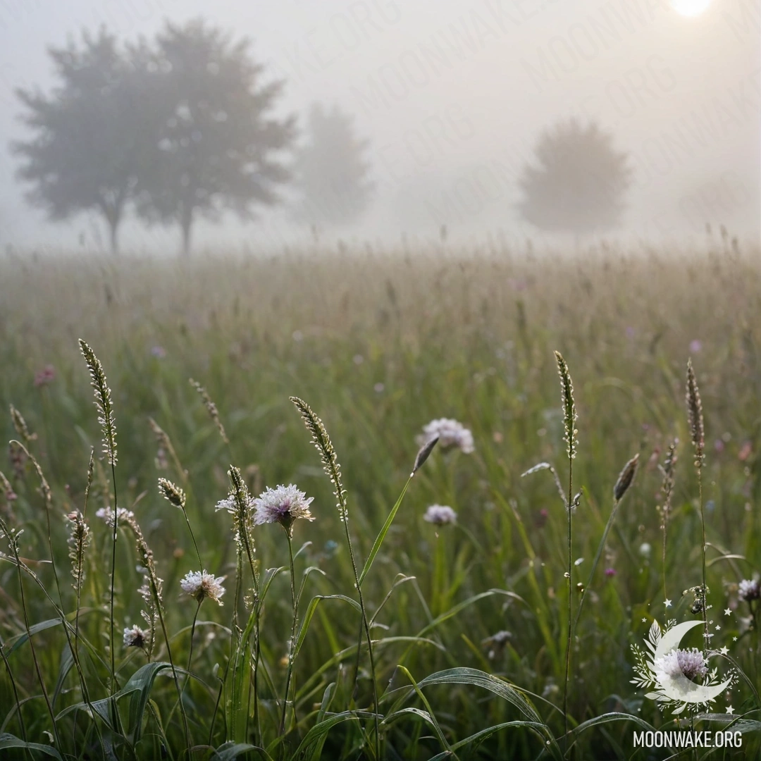 Misty Field with Bokeh Flowers Close-up of grass in a misty field with blurred flowers in the background.