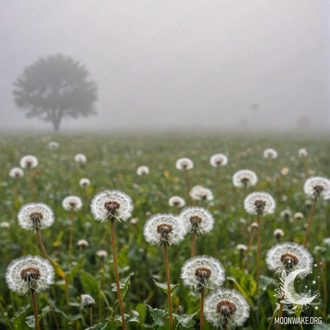Close-up of dandelions in a peaceful field with a bokeh sky and clouds in heavy fog
