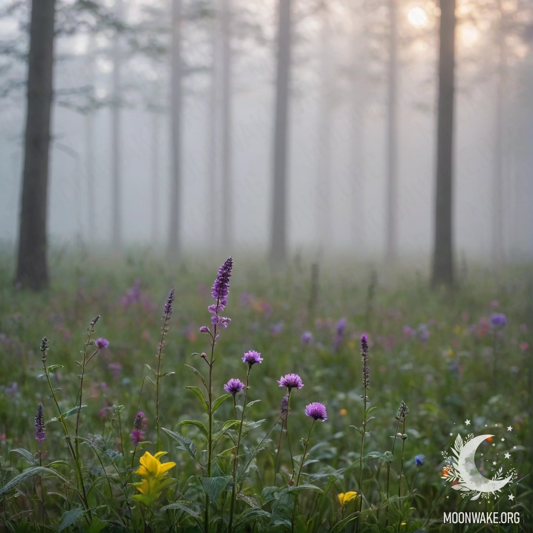 Close-up of beautiful field flowers set against a blurred forest background in heavy mist.