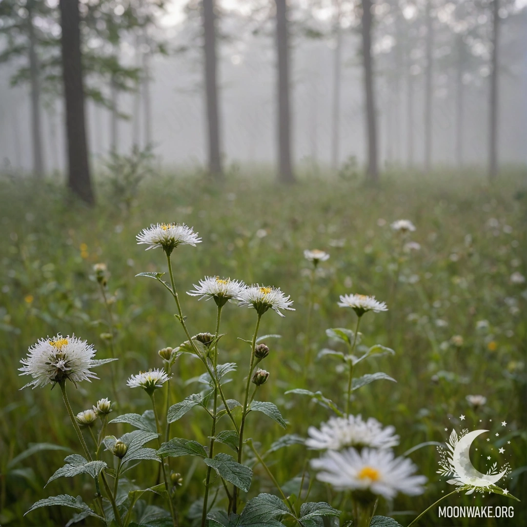 A close-up view of delicate flowers in a misty field with a blurred forest background.