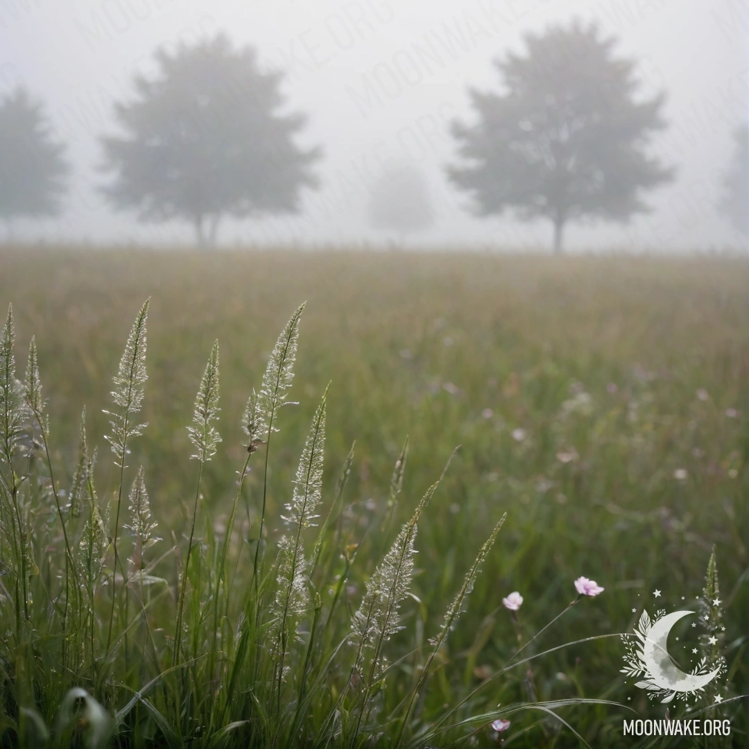A close-up view of grass in a misty field with flowers blurred in the background.