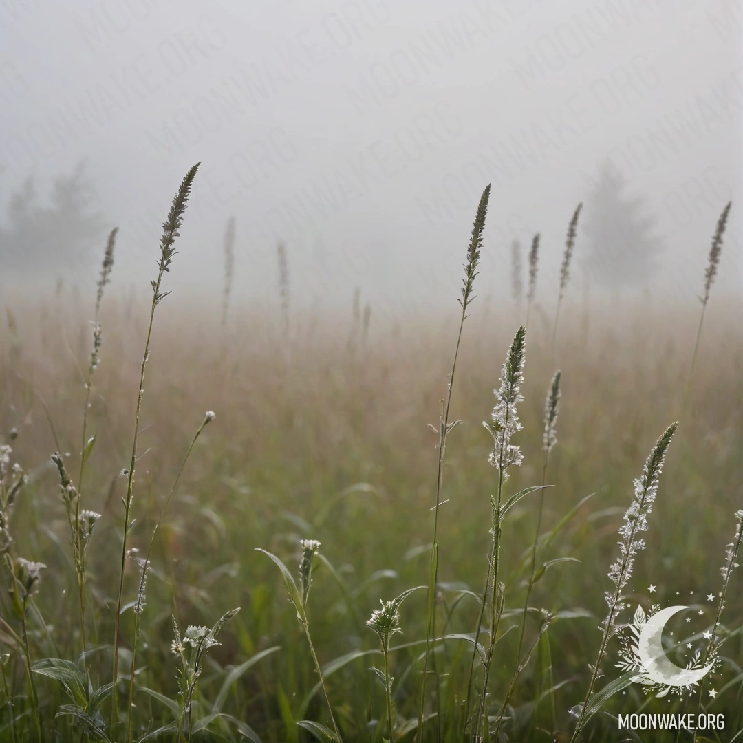 Misty Field of Graceful Grass and Flowers Close-up of delicate grass in a misty field with bokeh flowers.