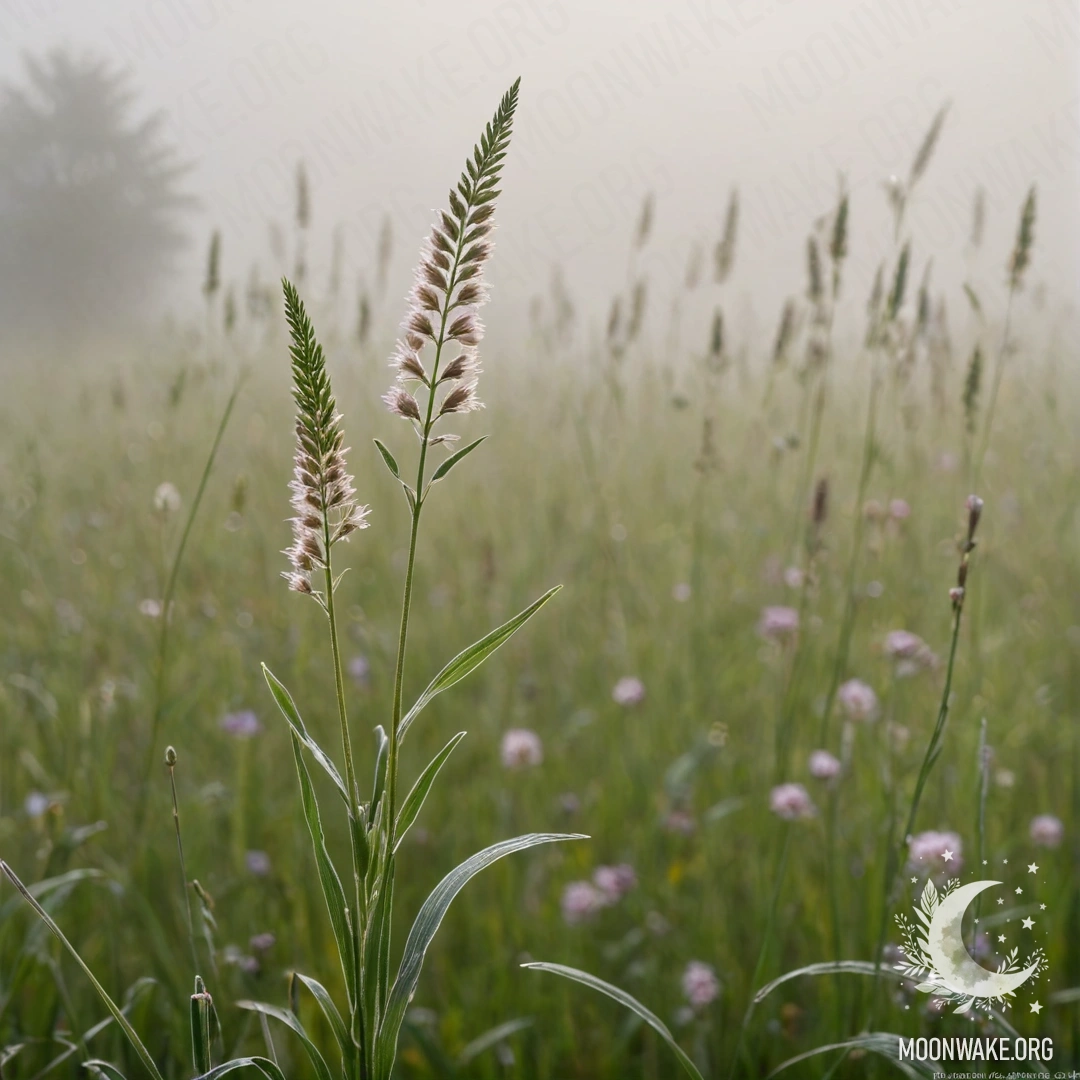 Misty Field of Graceful Grass and Flowers Close-up of soft field grass in fog, surrounded by colorful flowers.