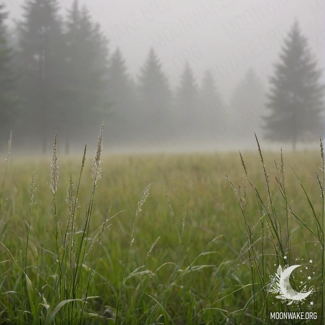 Close-up of beautiful grass against a blurred forest background in heavy fog.