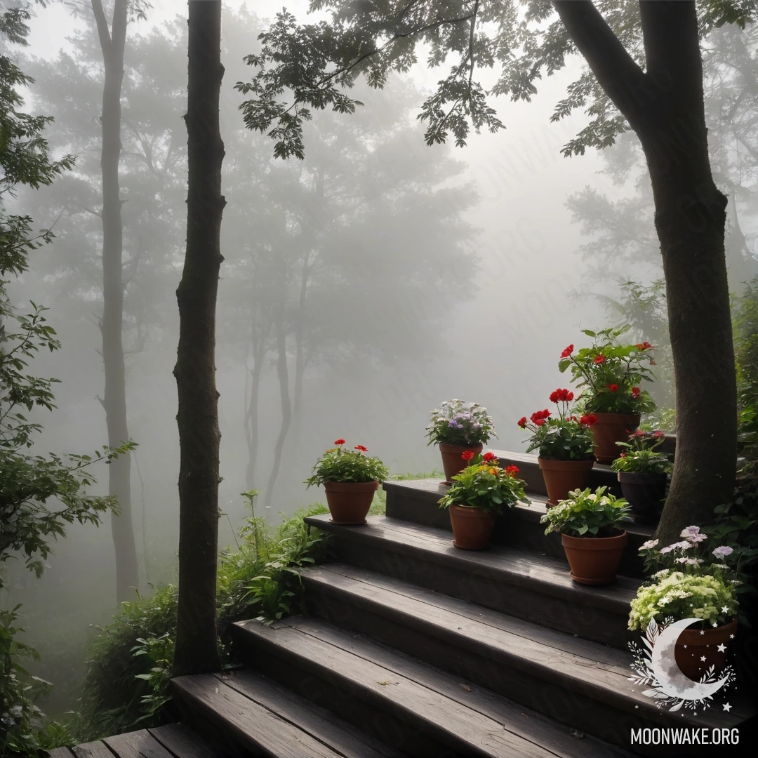 A wooden staircase adorned with flowerpots amidst thick fog.