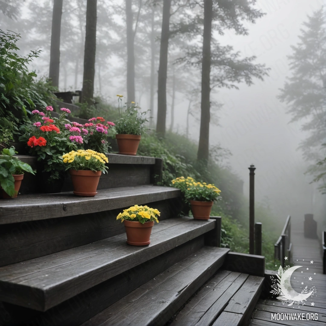 Misty Floral Serenity on Wooden Stairs A serene wooden staircase surrounded by flowerpots amidst dense fog.