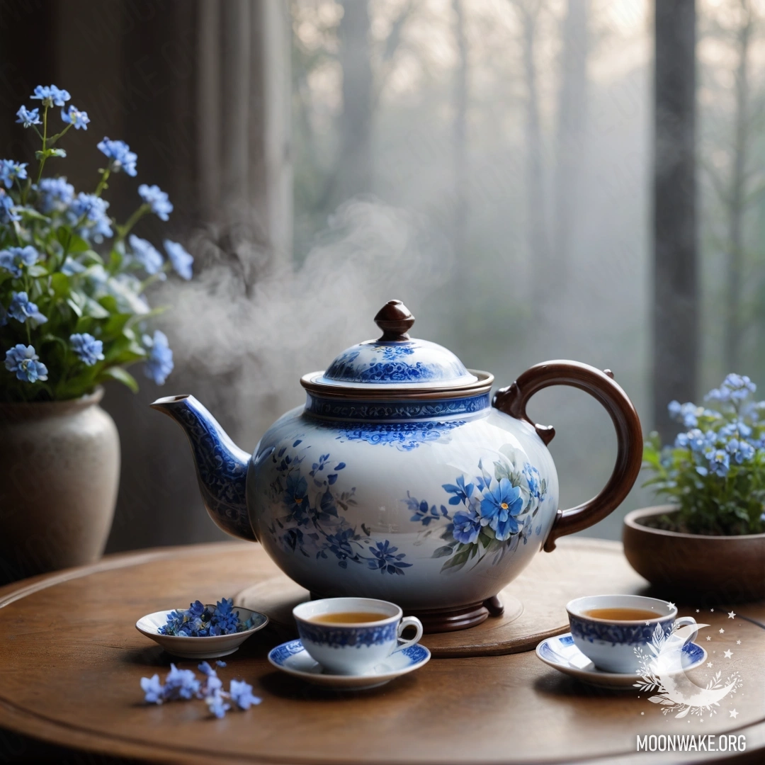A round wooden table with a porcelain teapot filled with blue flowers surrounded by dense mist and heavy fog.