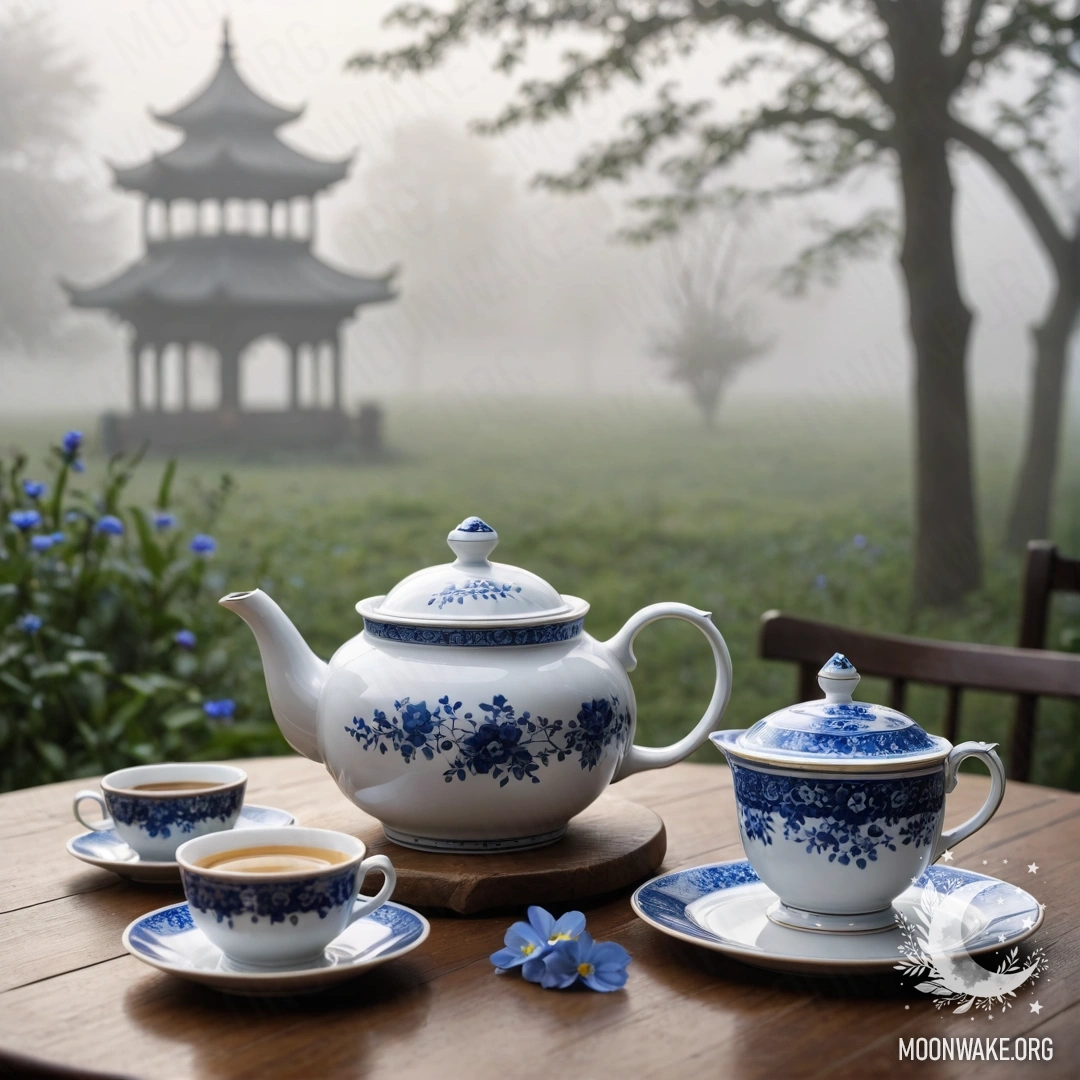 A round wooden table with a porcelain teapot containing blue flowers in a dense fog.