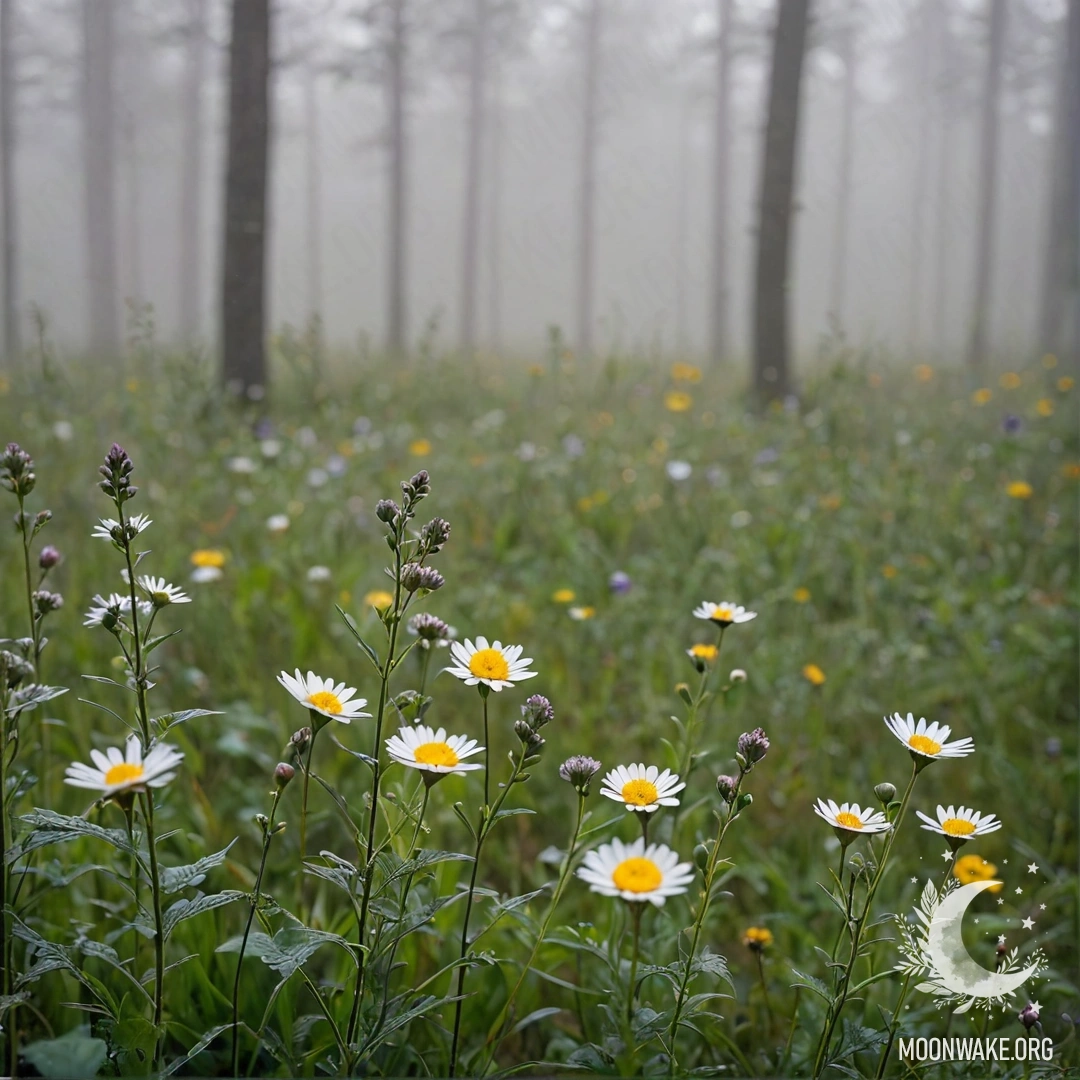 Close-up of delicate flowers in a peaceful field surrounded by misty forest.
