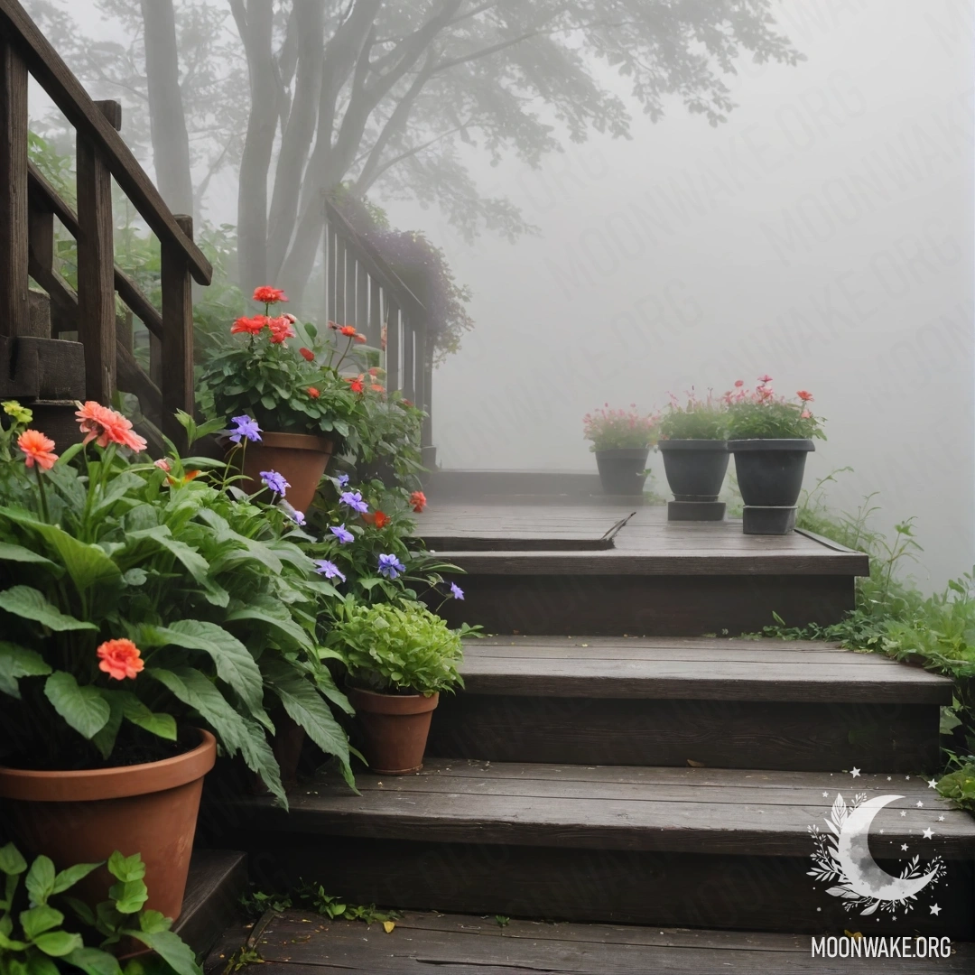 Misty Flowerpots on Wooden Staircase A tranquil wooden staircase adorned with flowerpots shrouded in dense fog.