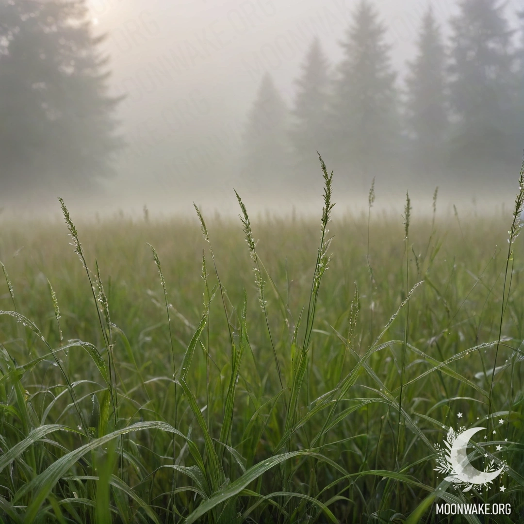Close-up of grass in a peaceful field with soft bokeh background of a misty forest.