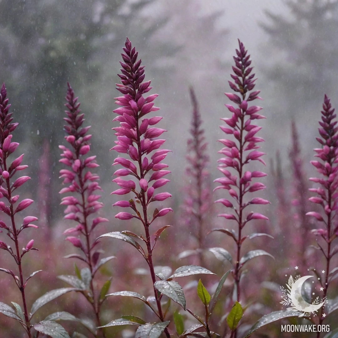A watercolor painting of calm heather in a misty landscape under fuchsia rain, adorned with glitter.