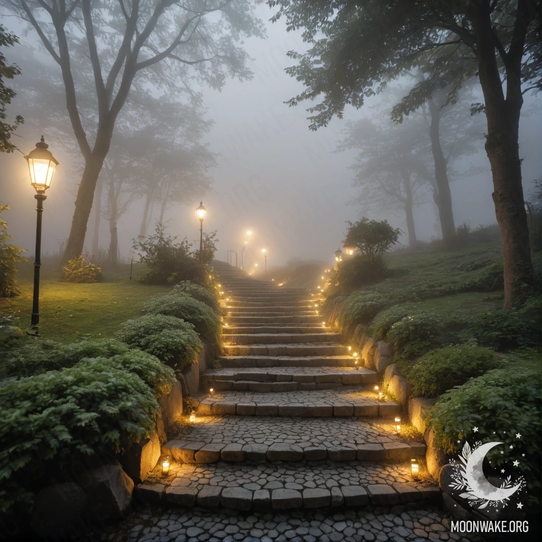 A serene garden path with stone stepping stones and a wooden staircase, shrouded in dense mist and adorned with light garlands.