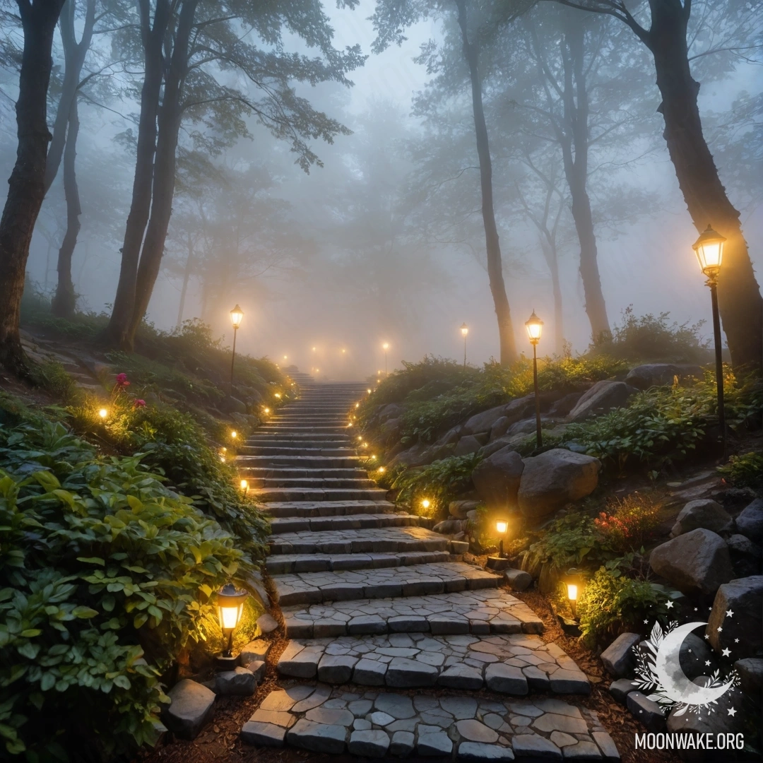 A mystical garden path adorned with light garlands in a heavy fog.