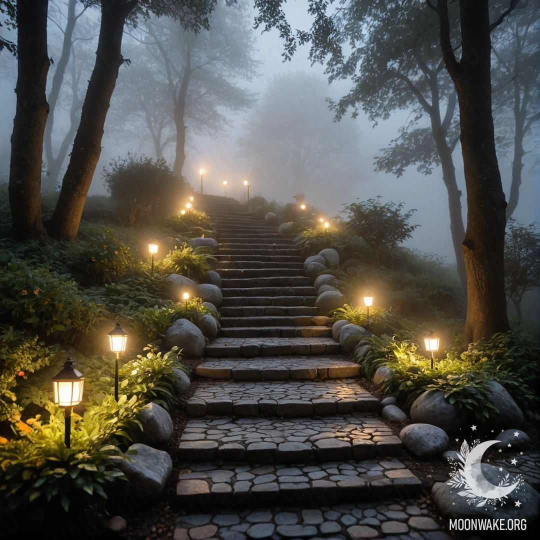 A serene garden adorned with lights in heavy fog, featuring stone pathways and wooden staircase.