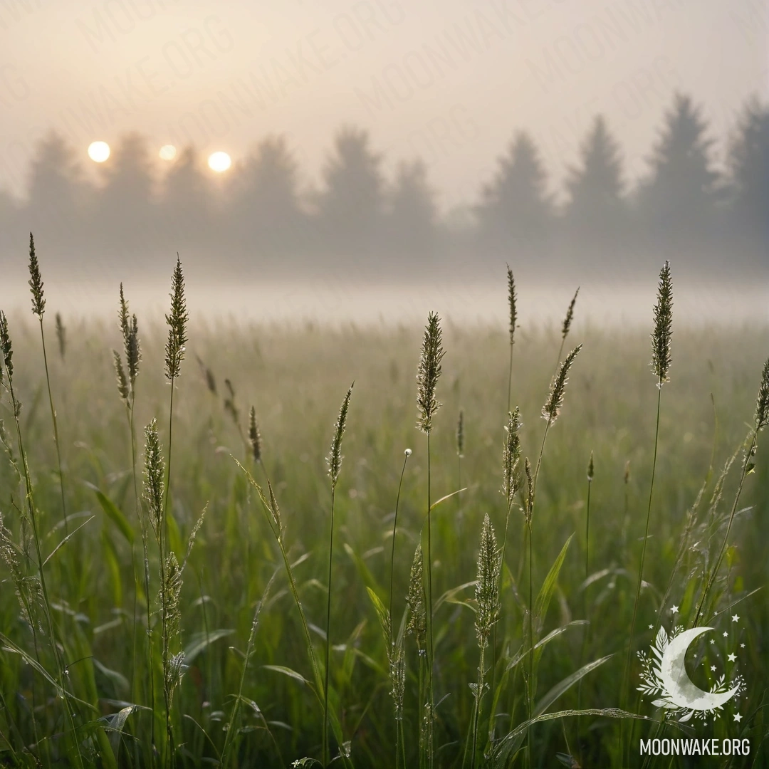 Misty Grass Field with Bokeh Sky Close-up of grass in a misty field with a blurred sky.
