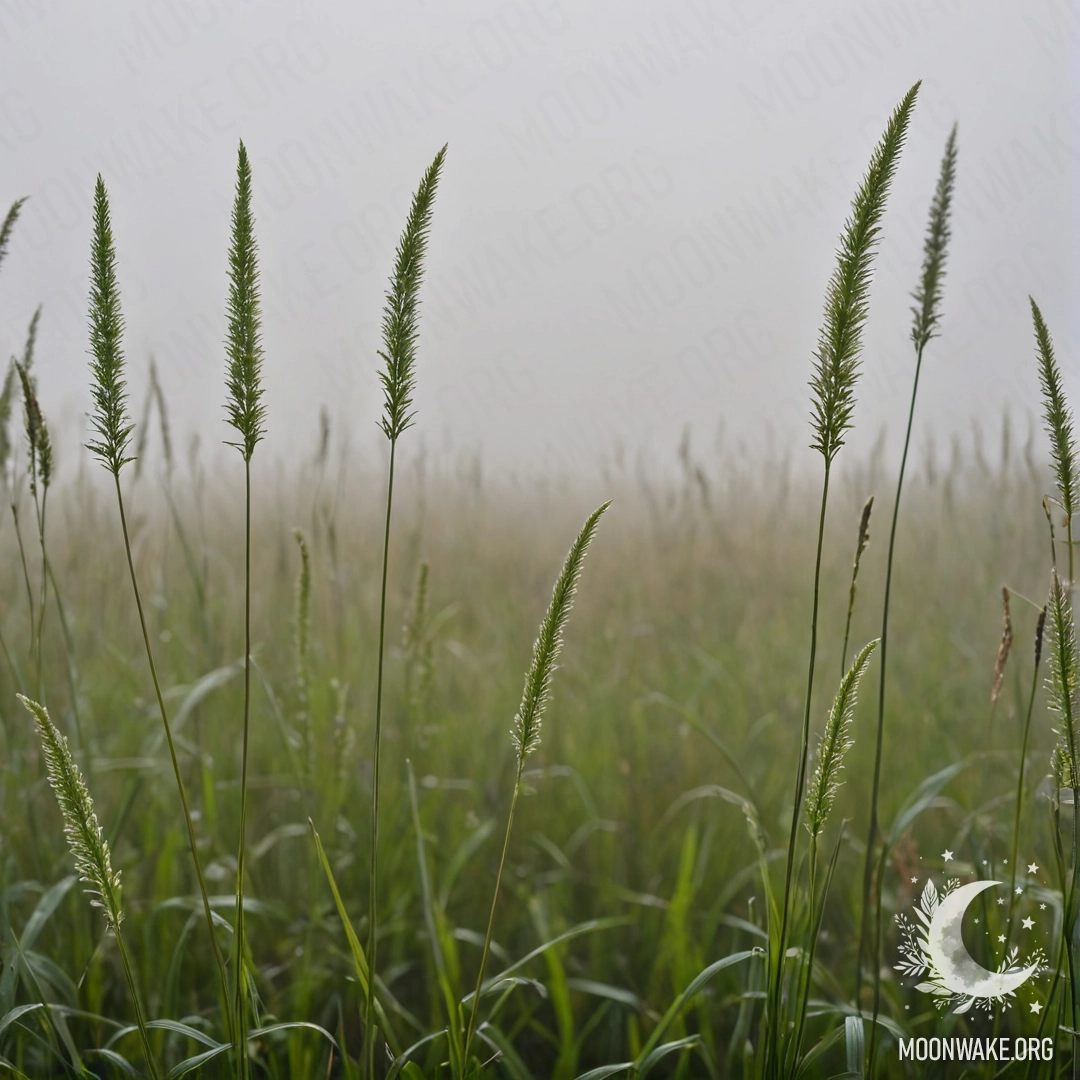 Close-up view of grass in a misty field with a bokeh sky