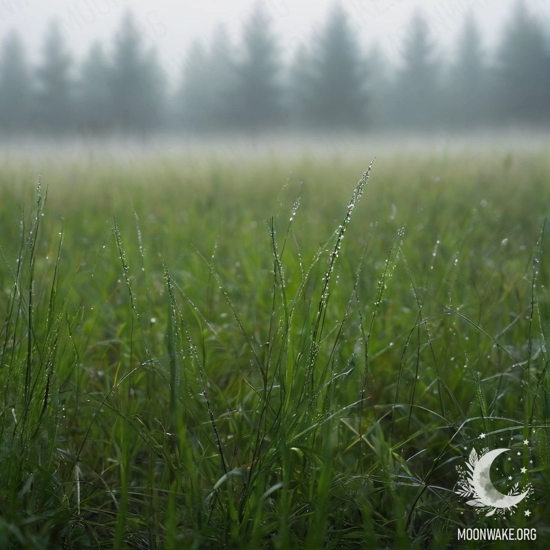 Misty Grass Fields in Bokeh Close-up of grass in a misty field against a blurred forest backdrop.