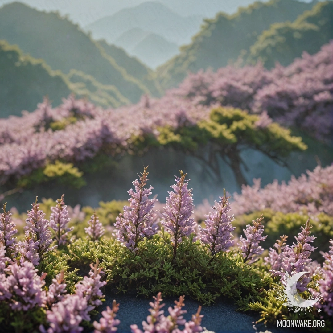 Misty Heather with Rays of Sunlight and Rhinestones A misty scene filled with beautiful heather, sunlight rays, and green rhinestones.