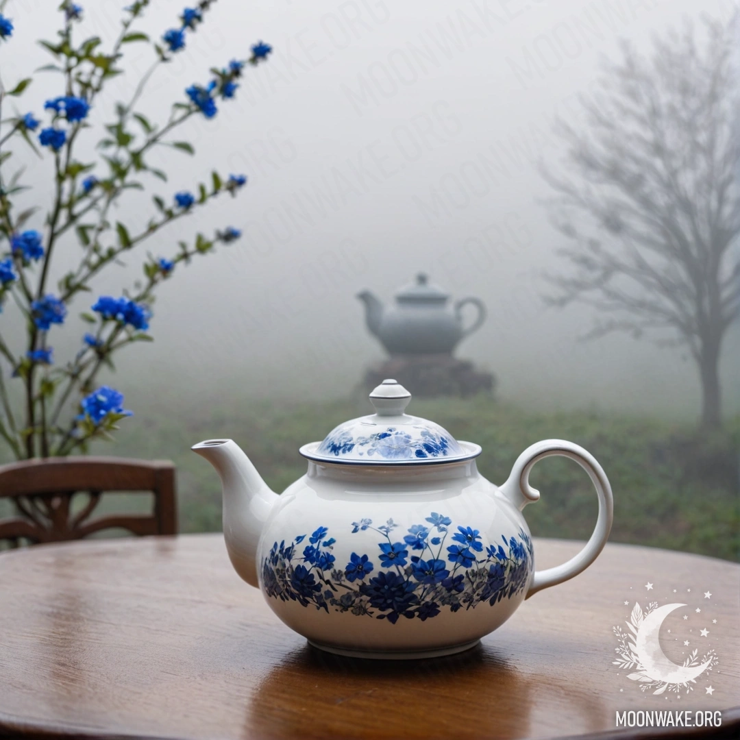 A round wooden table with a porcelain teapot filled with blue flowers in a thick fog.