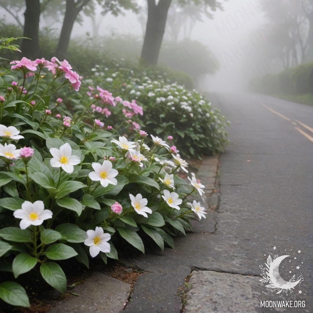 A shabby stone curb with small white and pink flowers growing behind it in a dense fog.