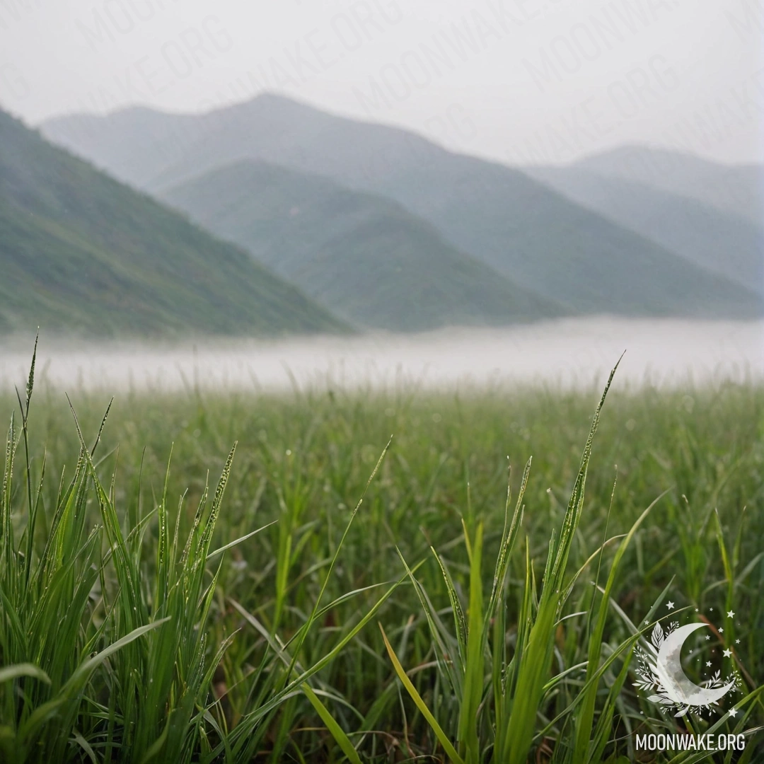 A close-up of grass in a field with mountains shrouded in thick mist.