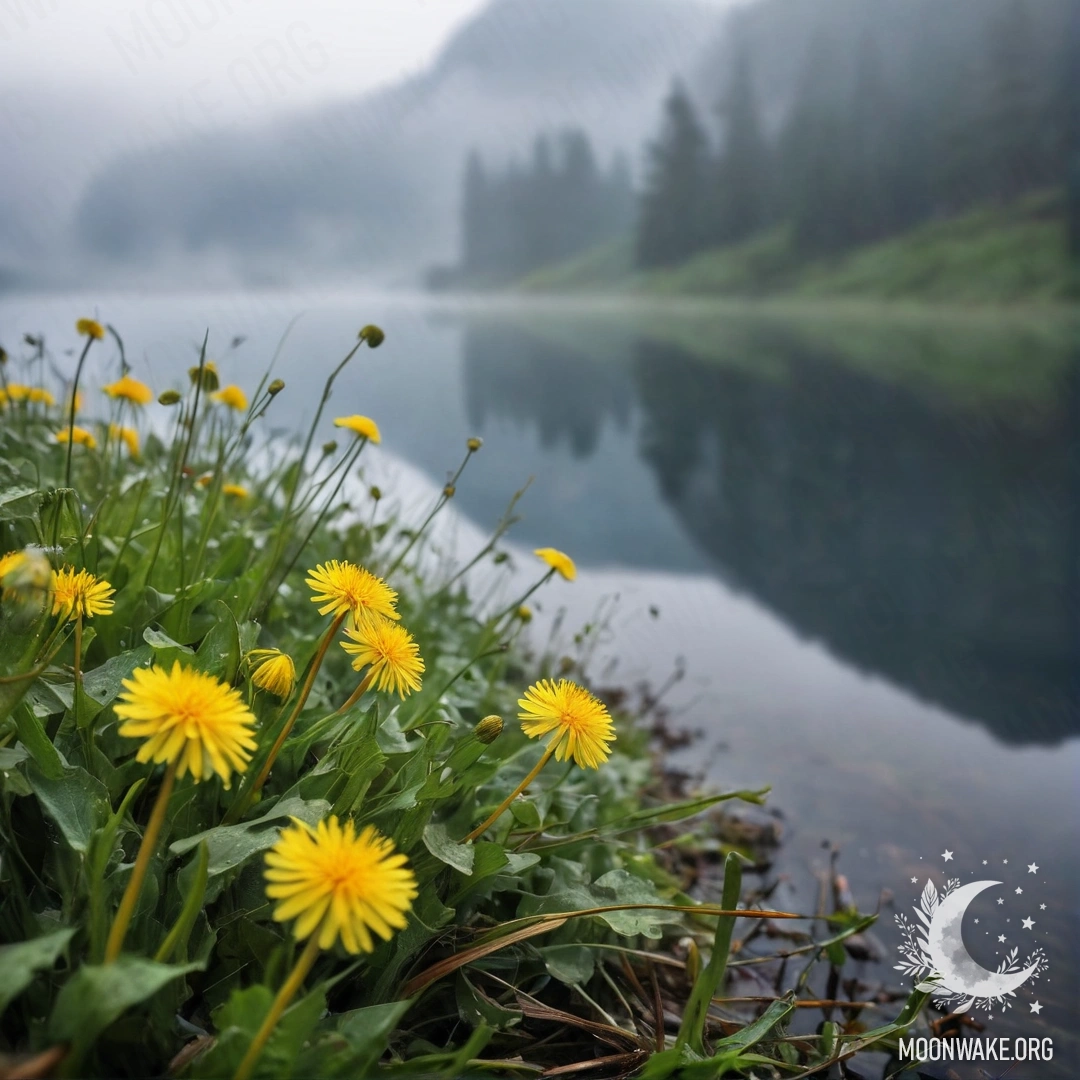 Misty Mountain Lake with Dandelions Close-up of dandelions in a beautiful field with a misty mountain lake in the background.