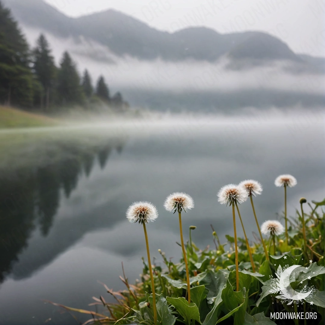 Close-up of dandelions in a peaceful field with a misty mountain lake in the background.