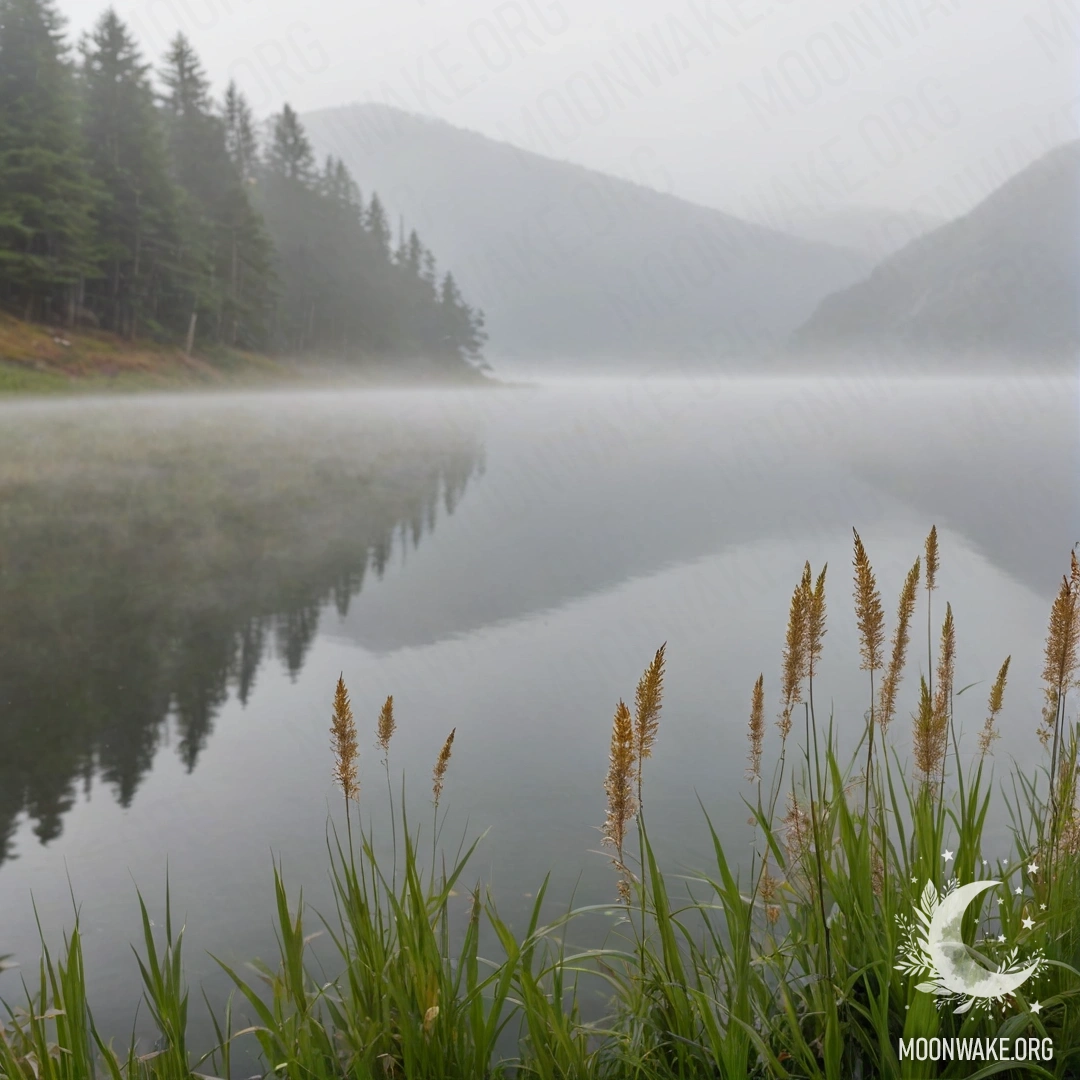 Close-up of sweet field grass against a misty mountain lake