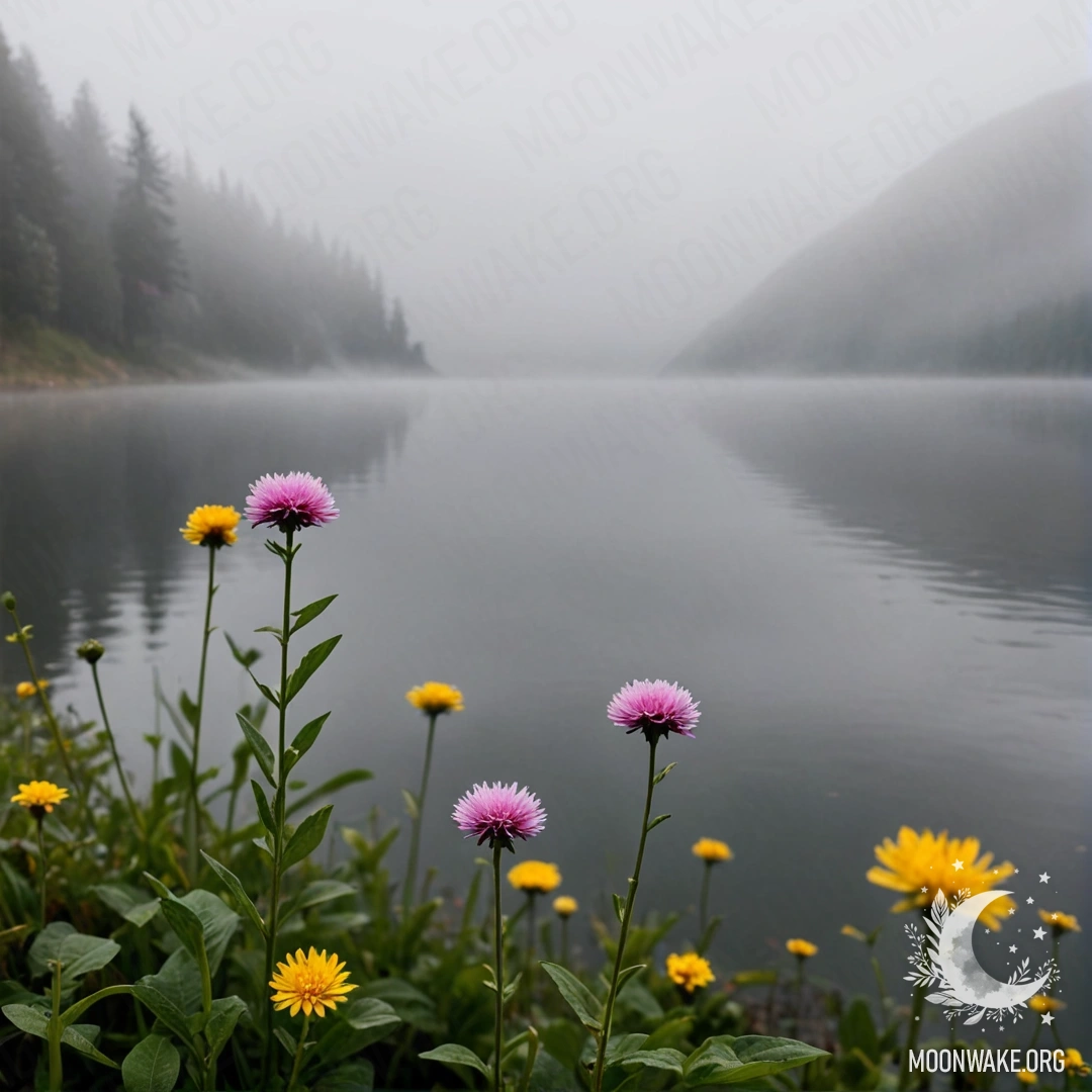Close-up of field flowers in front of a misty mountain lake.