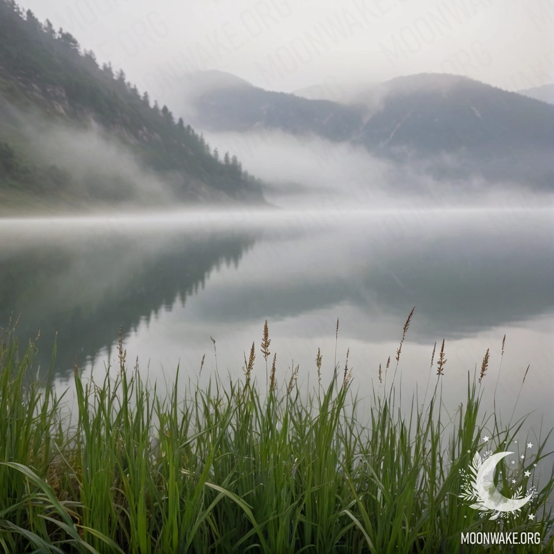 Close-up of grassy field with blurred mountain lake in heavy fog.