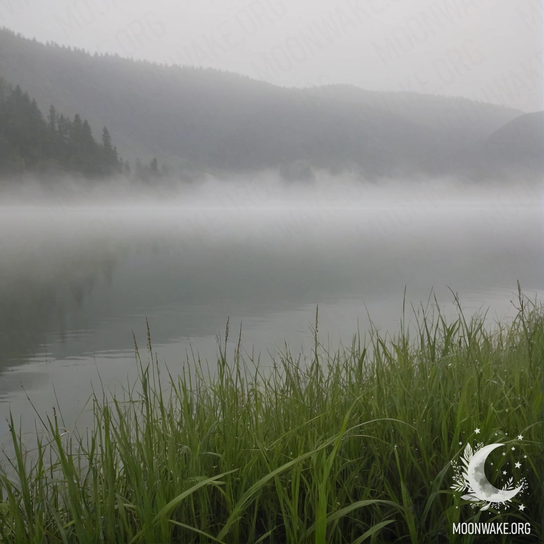 Close-up of grass in a calm field against a misty mountain lake.