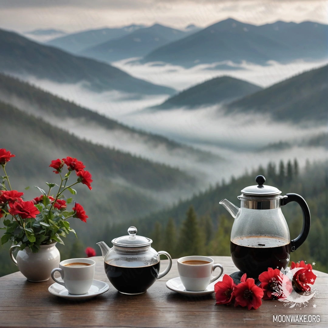An abstract wooden table with a jar of red flowers, a coffee pot, and cups in a dense fog with mountains in the background.