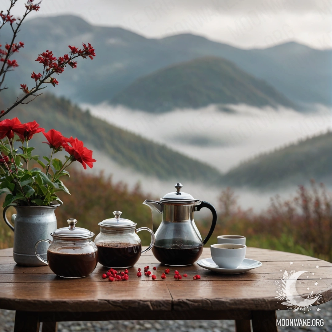 An abstract wooden table with a jar of red flowers, coffee pot, and cups in heavy fog with mountains in the background.