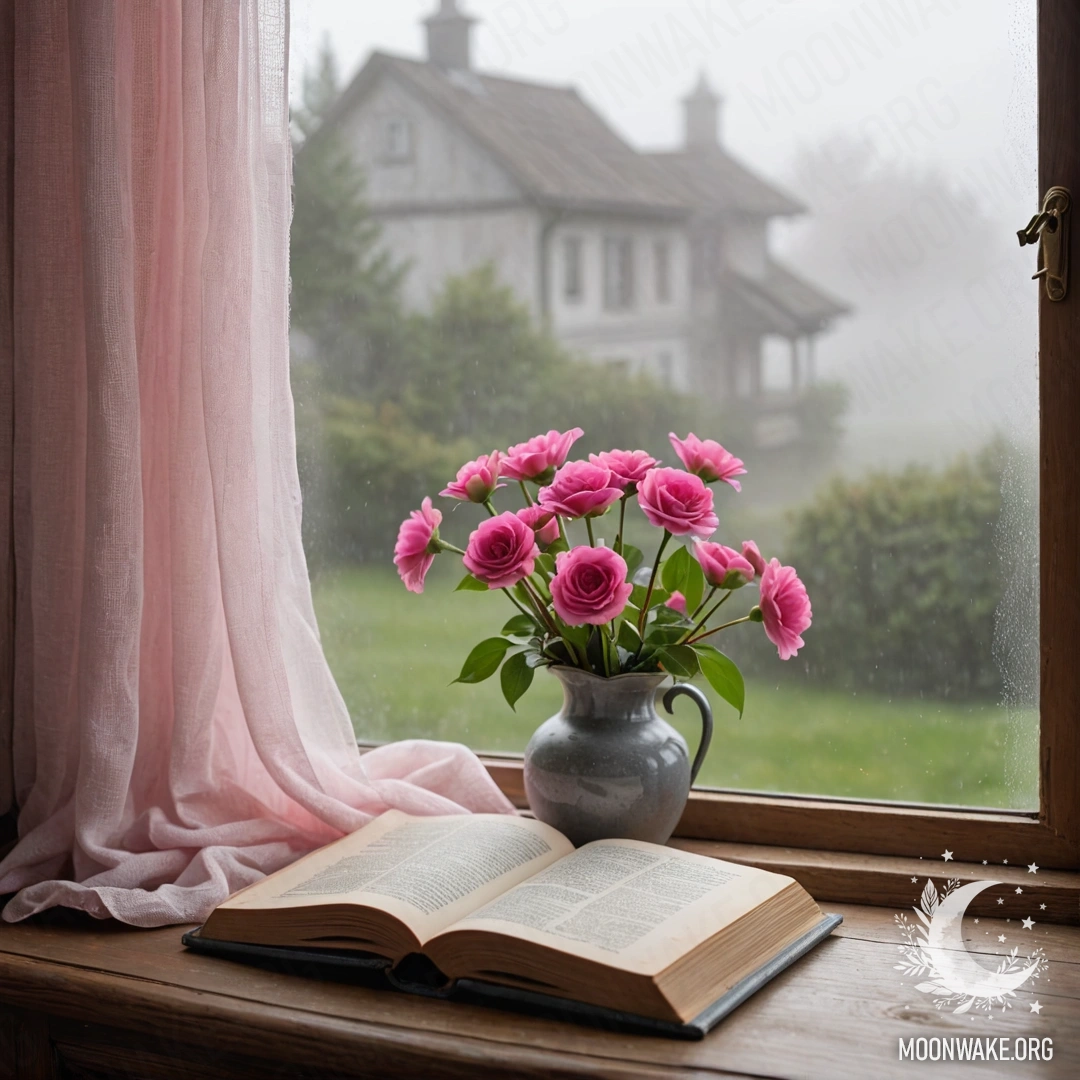 A wooden window sill with an old book, a gray vase with pink flowers, and a pink curtain, shrouded in heavy fog.