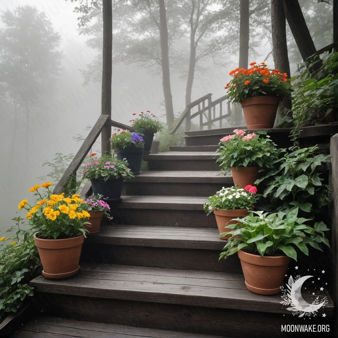Misty Serenity on a Wooden Staircase A wooden staircase enveloped in dense mist with flowerpots.