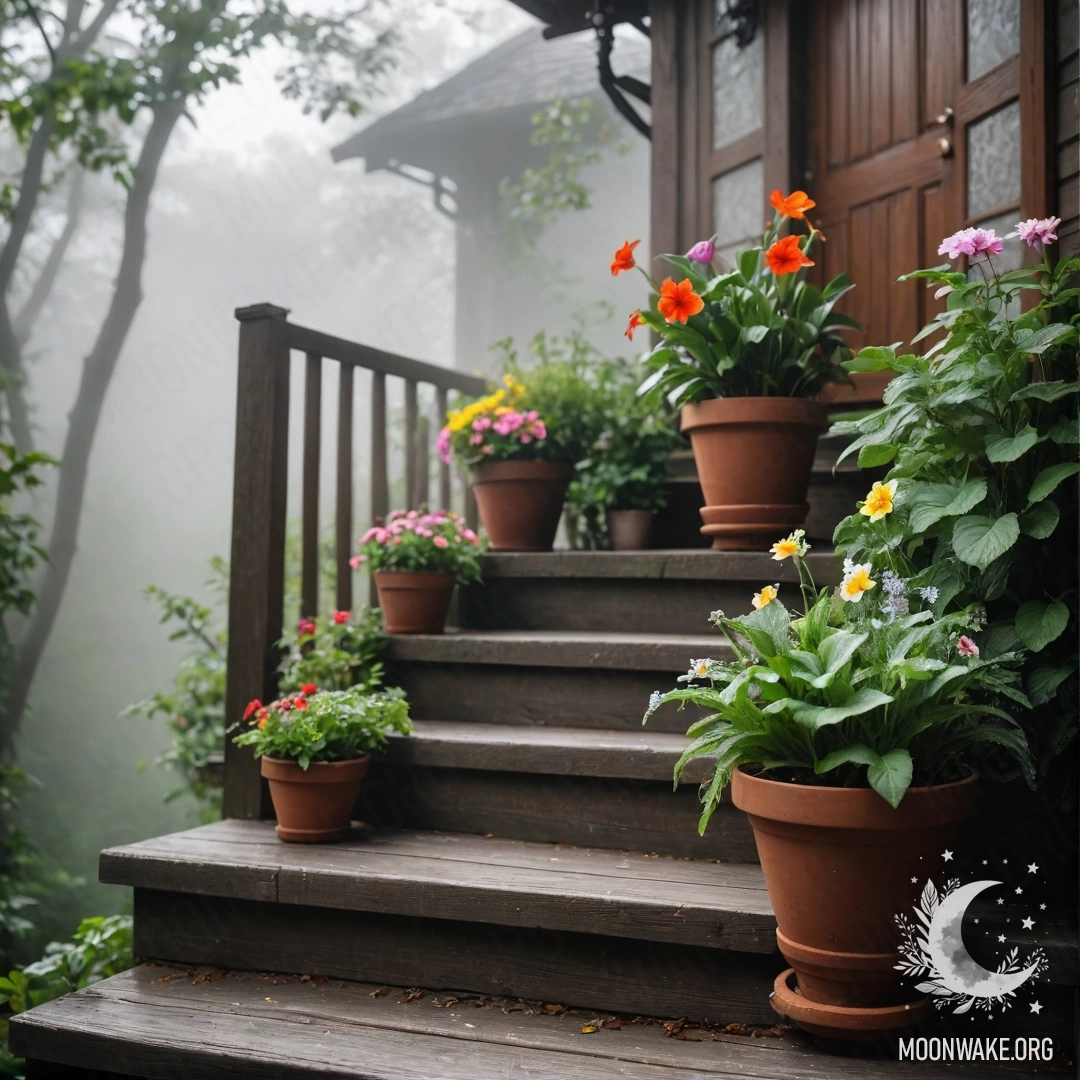 Misty Staircase with Flowerpots A wooden staircase enveloped in heavy fog with flowerpots on it.