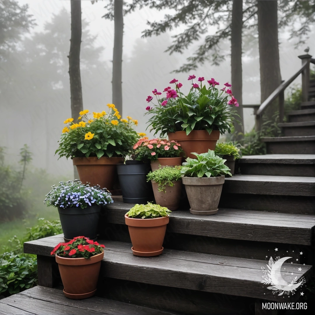 A wooden staircase adorned with flowerpots, enveloped in dense mist.