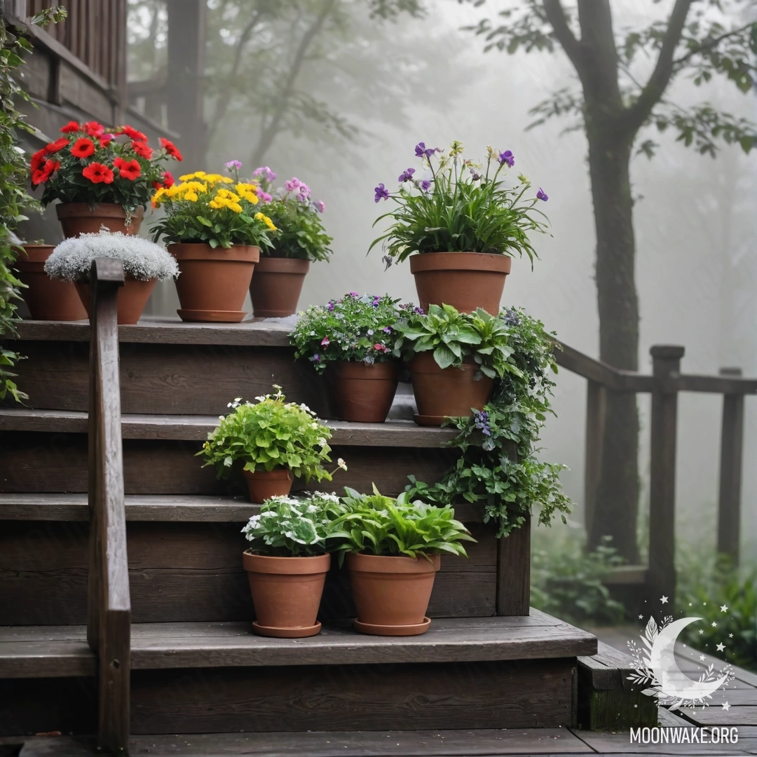 A wooden staircase shrouded in dense mist with flowerpots placed on it.