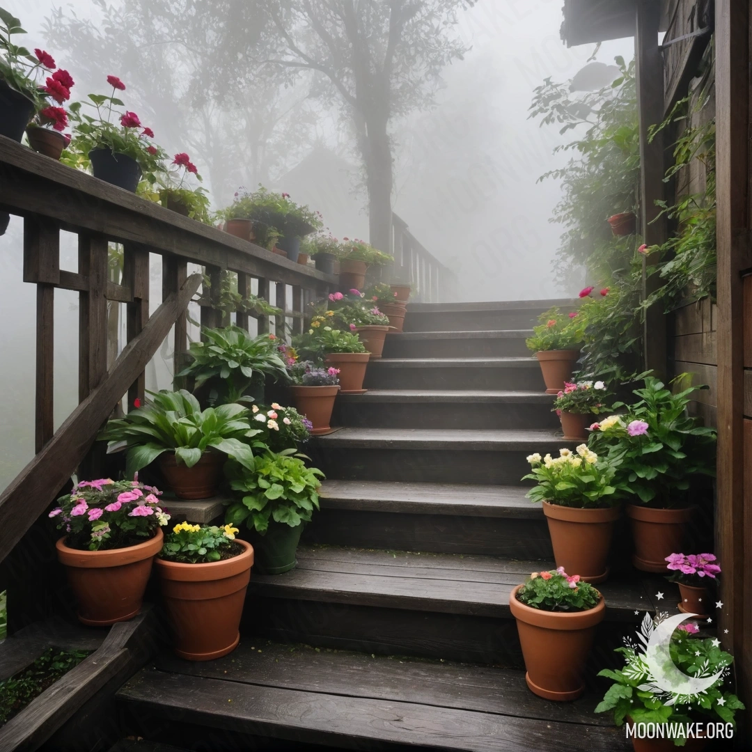 A wooden staircase shrouded in heavy fog with flowerpots resting on it.