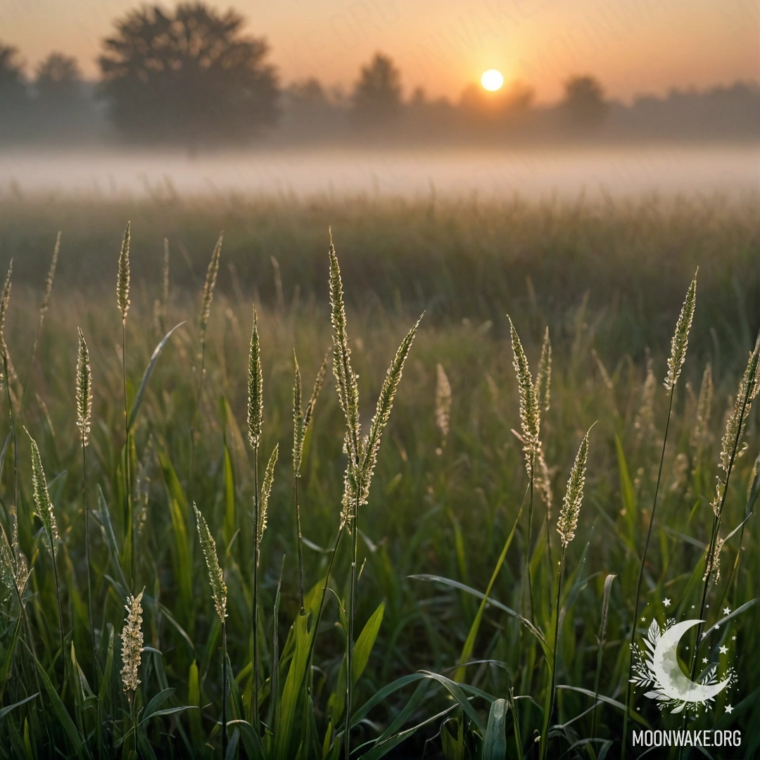 Close-up view of grass in a misty field during sunset.