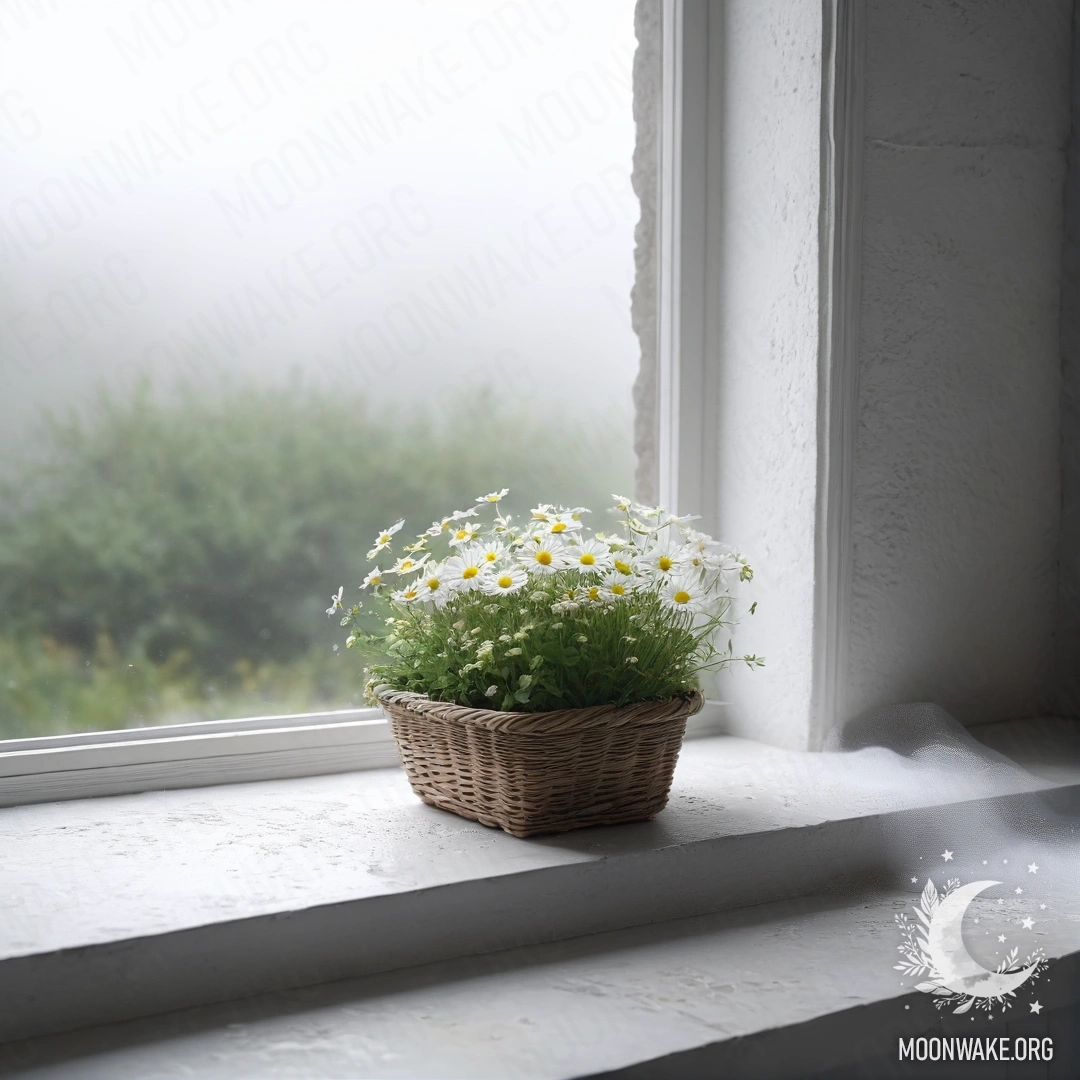 A serene image of a white stone wall with an open window, featuring a basket of daisies on the windowsill surrounded by dense fog.