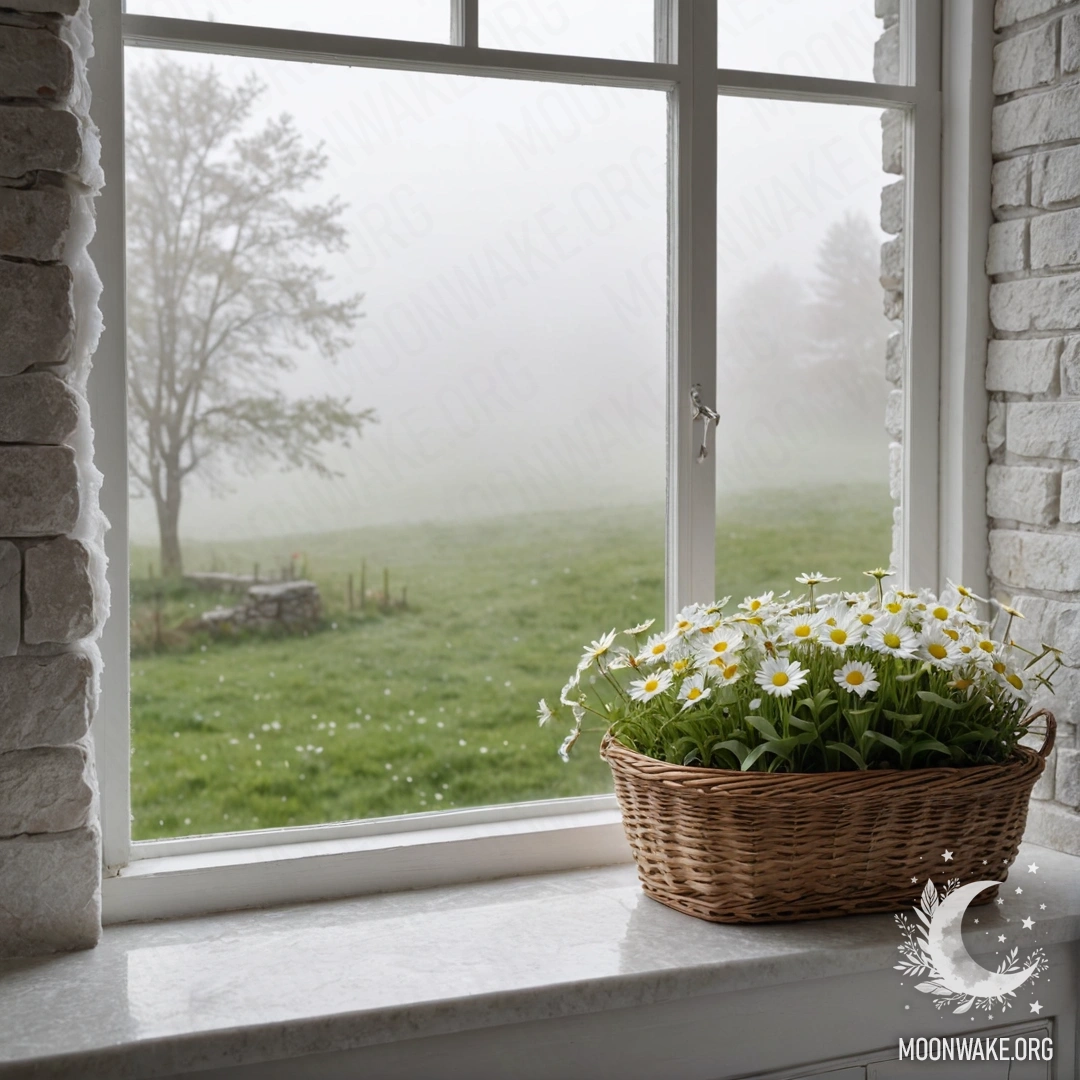 A beautiful white stone wall with an open window, a basket of daisies on the windowsill, surrounded by thick fog.
