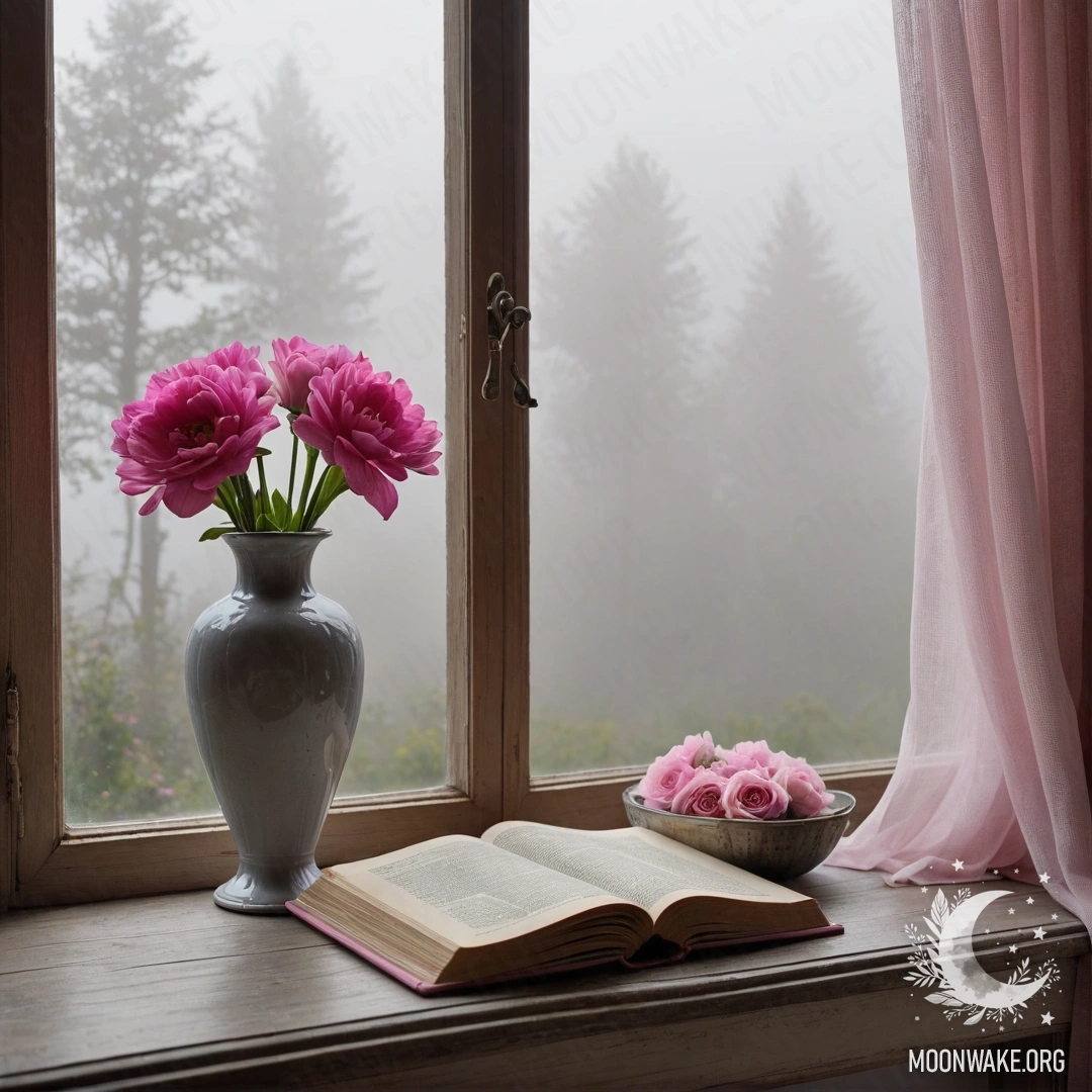 A wooden window sill featuring an old shabby book, a gray vase with pink flowers, and a pink curtain, surrounded by heavy fog.