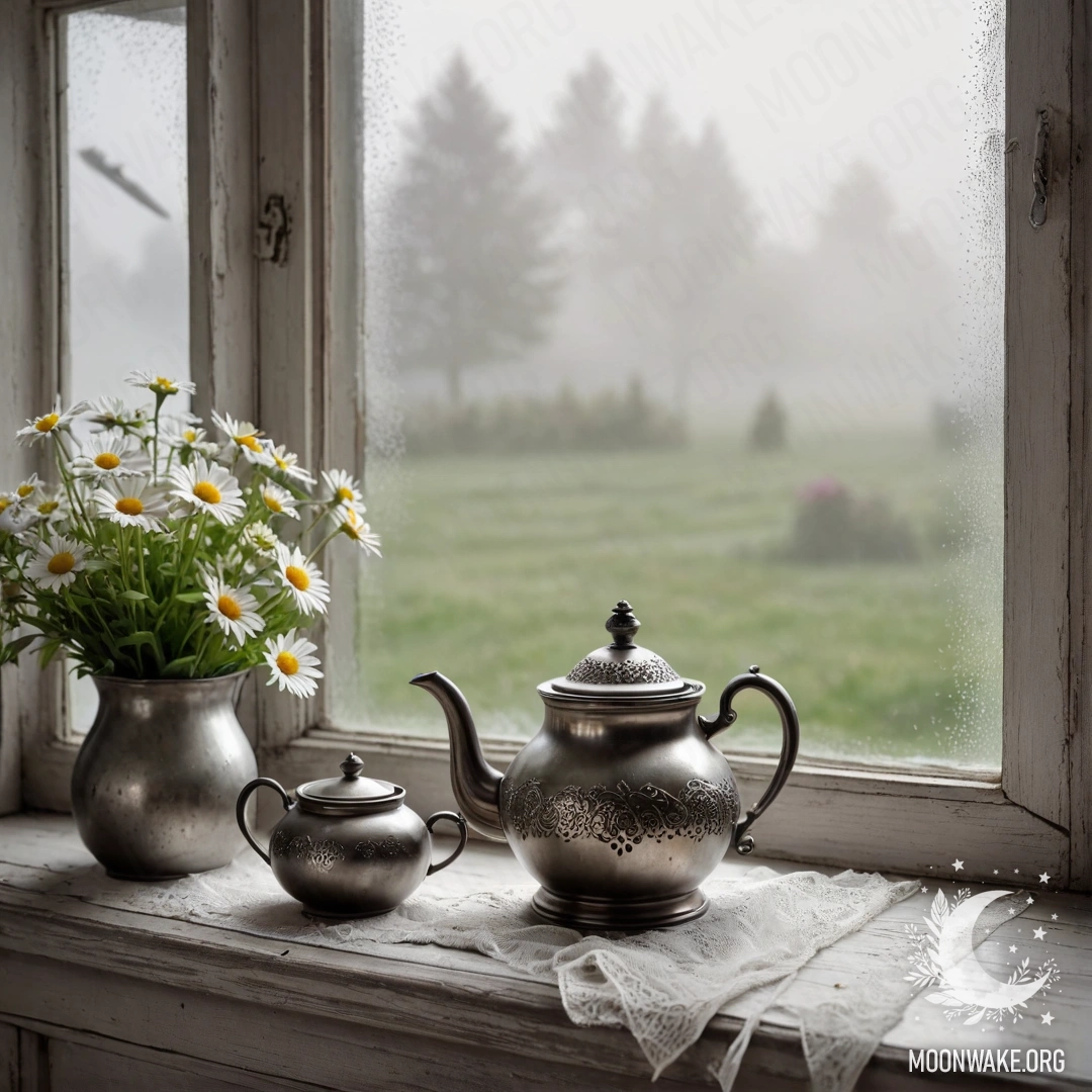 A shabby wooden window sill adorned with a metal teapot and daisies, enveloped in dense fog.