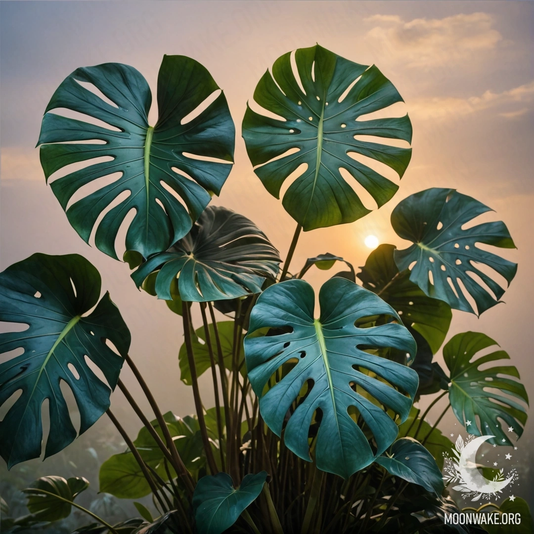 A bouquet of Monstera leaves shrouded in fog during sunset, showcasing shades of greenish blue.
