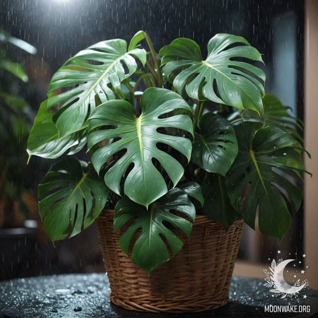 Beautiful monstera leaves in a mint-colored basket, drenched in rain at night.