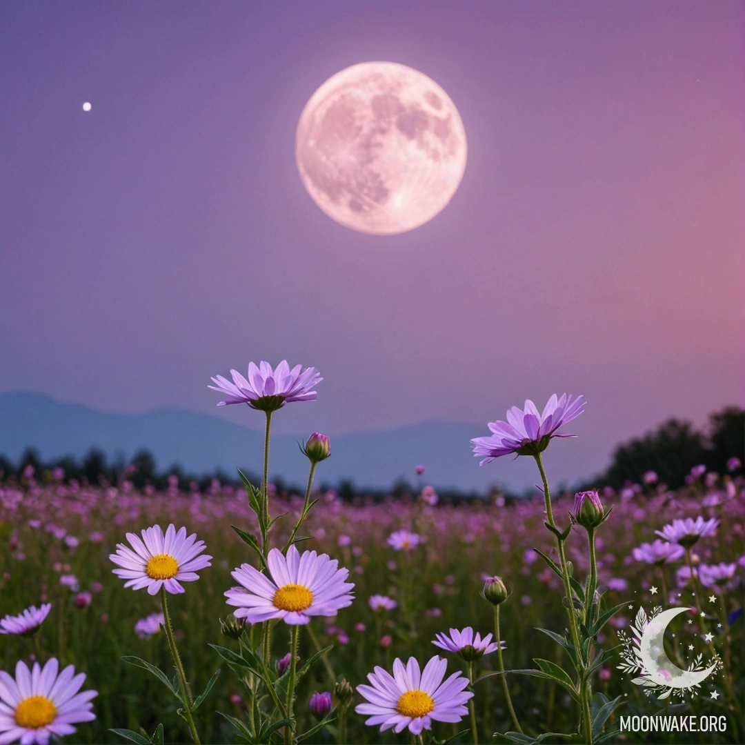 Moonlit Field Flowers Under Pink Violet Sky Close-up of field flowers illuminated by the moonlight, with a pink violet sky in the background.