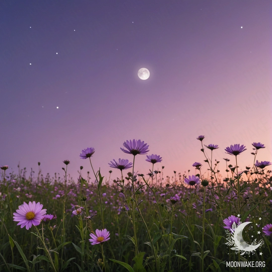 A close-up of delicate field flowers set against a serene pink violet sky and a glowing moon.